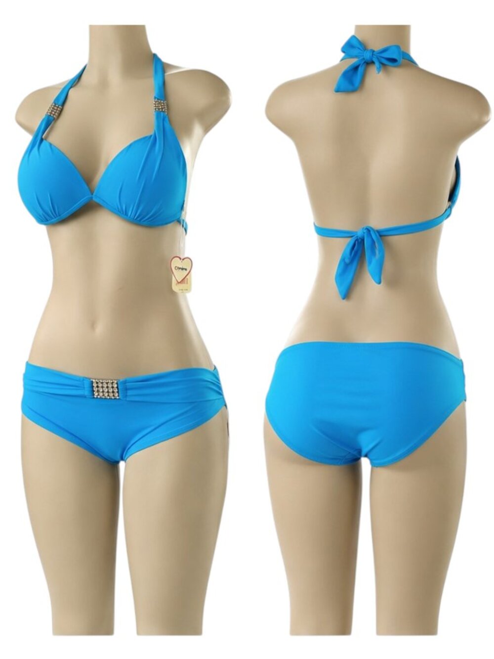 Turquoise Push Up Halter Bikini Set Crystal Accent Padded Swimsuit Size L
